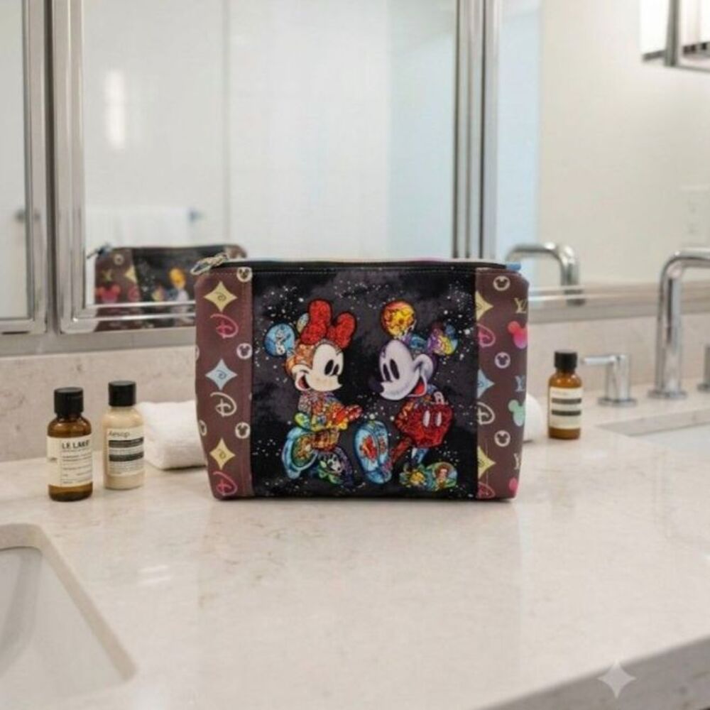 Handcrafted Gray Minnie & Mickey Toiletry Pouch - Washable Waterproof Travel Bag